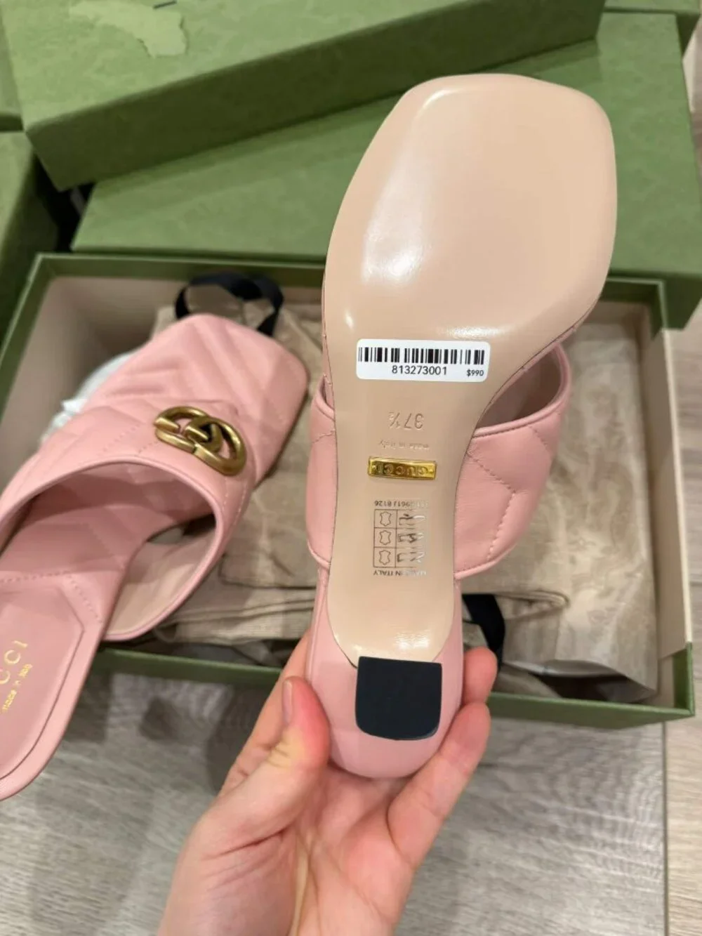 NIB Authentic  Gucci Double G Pink Leather Thong Kitten Heel Sandals